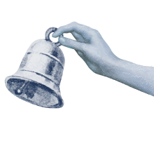 black and white photo, a hand ringing a bell