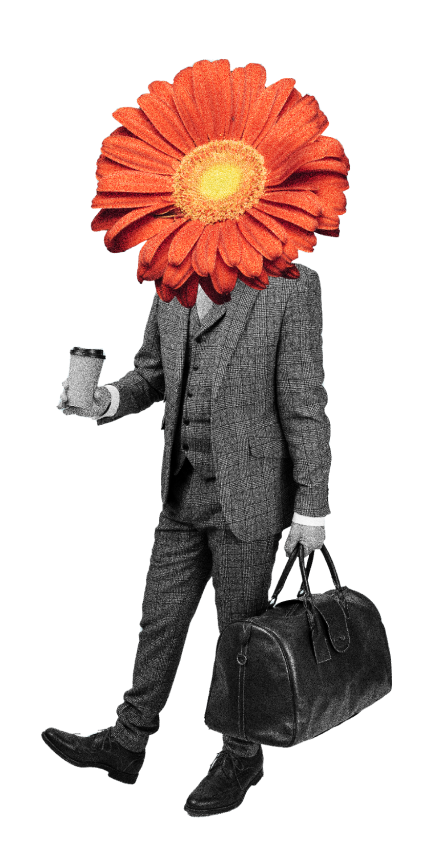 vintage man in suit and his head is a red flower he carries a luggage and coffee cup